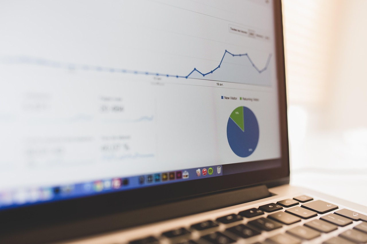 Laptop screen showing a website analytics dashboard with charts