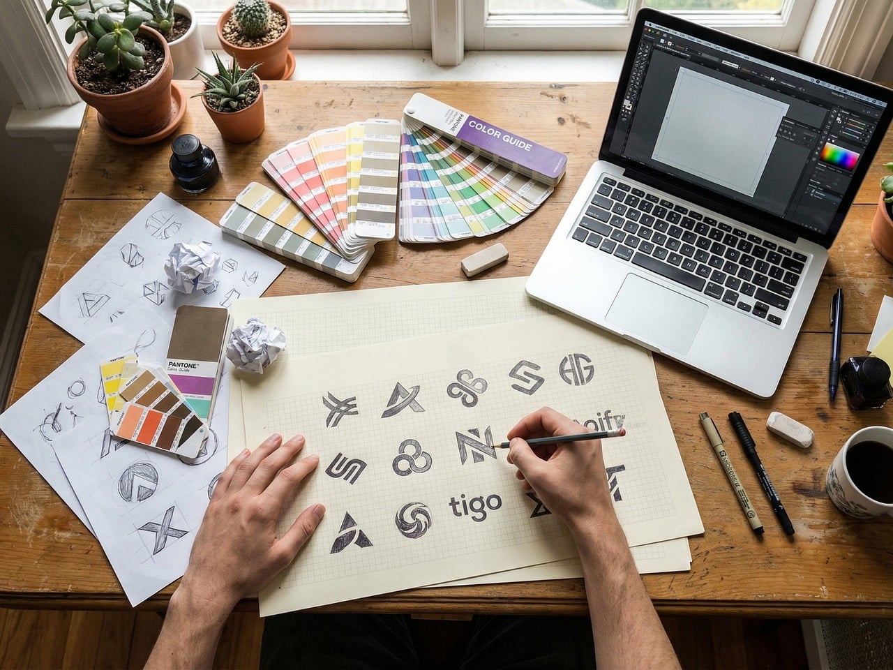 Designer sketching logo concepts beside colour swatches and a laptop