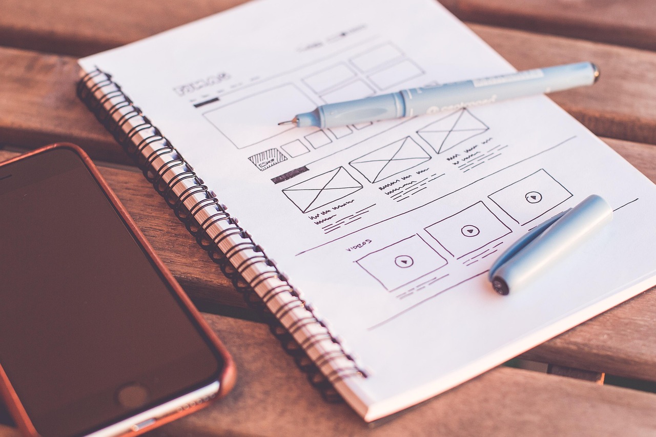 Notebook with hand-drawn website wireframes and a smartphone